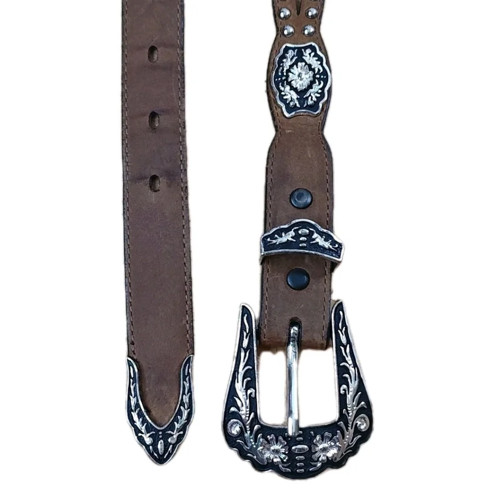 Vtg Nocona 3012044 Western Cut Away Brown Leather Studded Belt Adult Sz 36-40